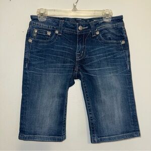 Miss Me Signature Y2K Bermuda Shorts Size 27 Dark Wash w/Fade Embroidery Bling